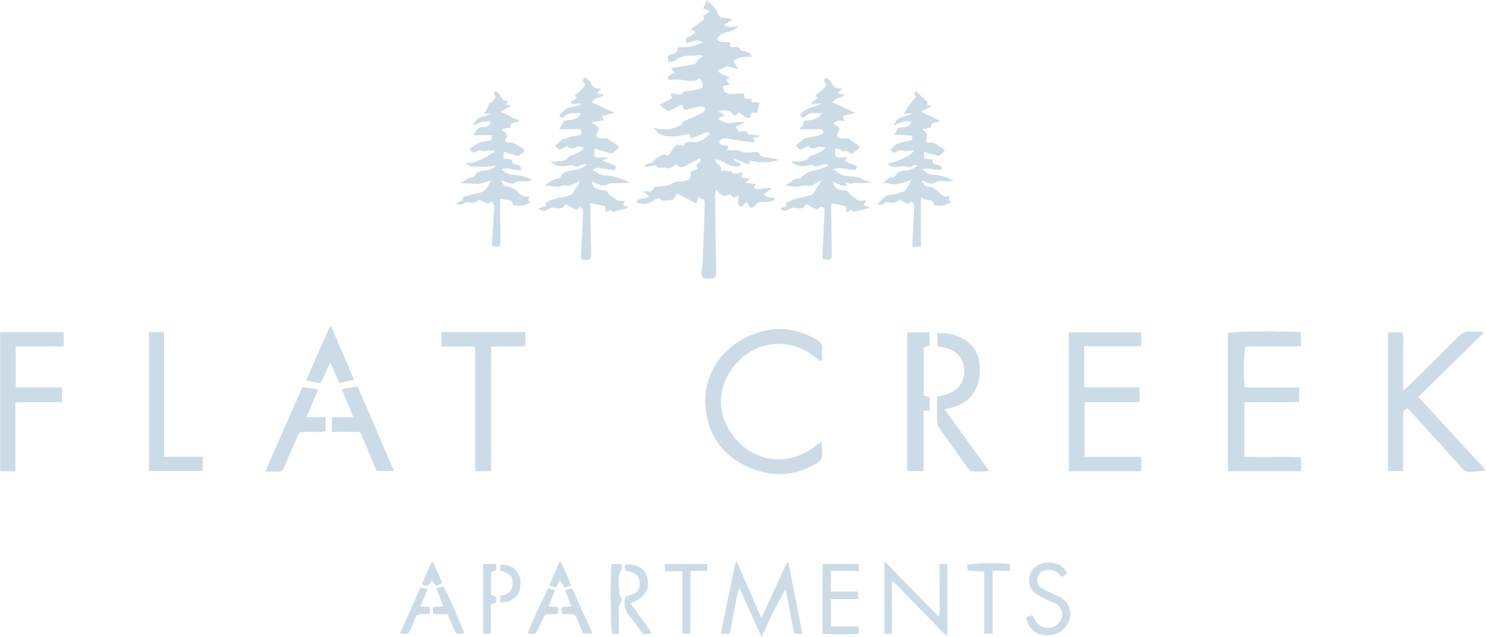 A logo for Flat Creek Apartments featuring pine trees.